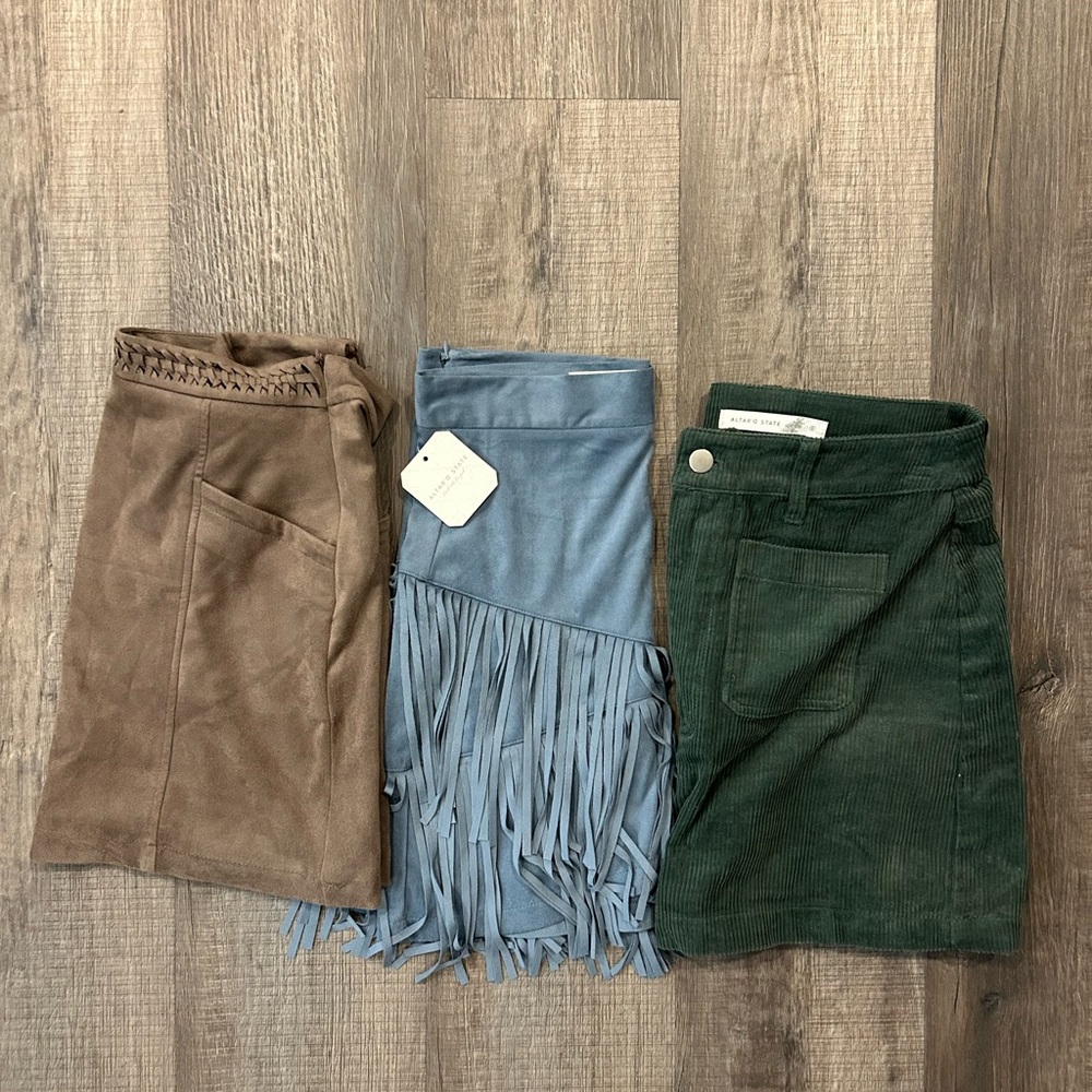Altar'd State Mini Skirt Trio - Brown, Blue, Green